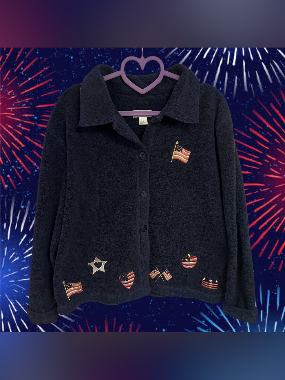 Vintage Christopher & Banks navy blue embroidered American flags fleece jacket